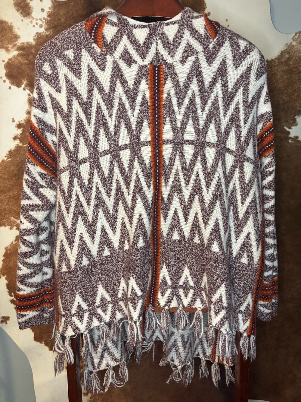 Swinging Violet Women’s Large Boho Southwestern Fringe Poncho Sweater Cowl Neck